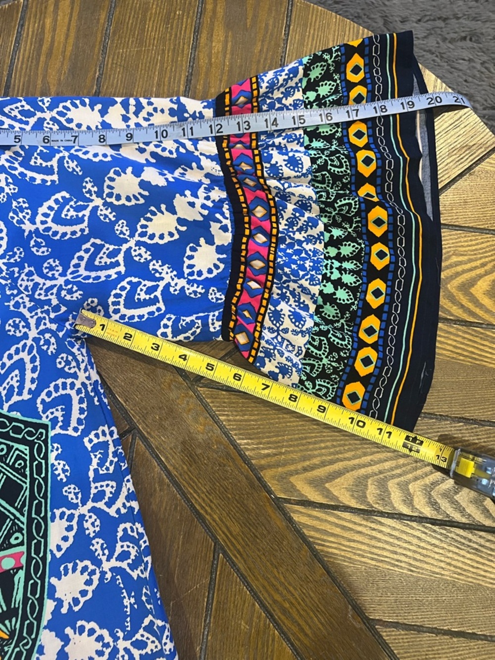 Boho Off Shoulder Shift Dress Small Blue Pink Tribal Print Bell Sleeve Lined - Picture 15 of 15